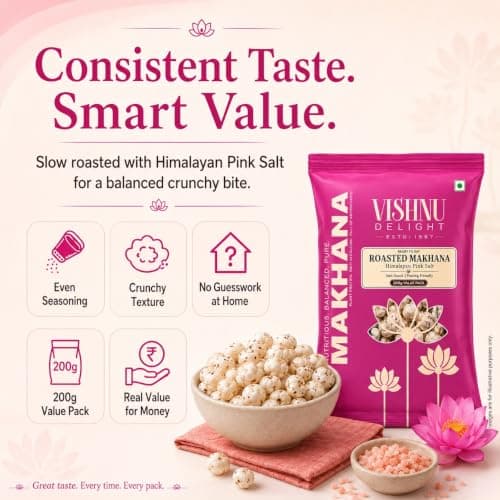 Vishnu Delight Roasted Makhana, Himalayan Pink Salt | Light & Crunchy Roasted Foxnuts (Phool Makhana) | Roasted Not Fried, Jain Friendly, Ready To Eat Snack | 200gm (Pack of 1) — image 6