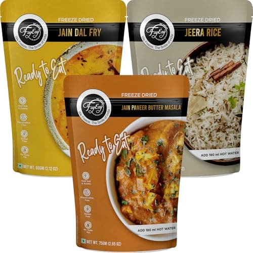 Freeze-Dried Jain Paneer Butter Masala, Jain Dal Fry & Jeera Rice Combo | Ready-to-Eat Instant Indian Meals | 100% Natural, Jain Food, Preservative-Free & Gluten-Free | Just Add Hot Water | Travel & Camping Food