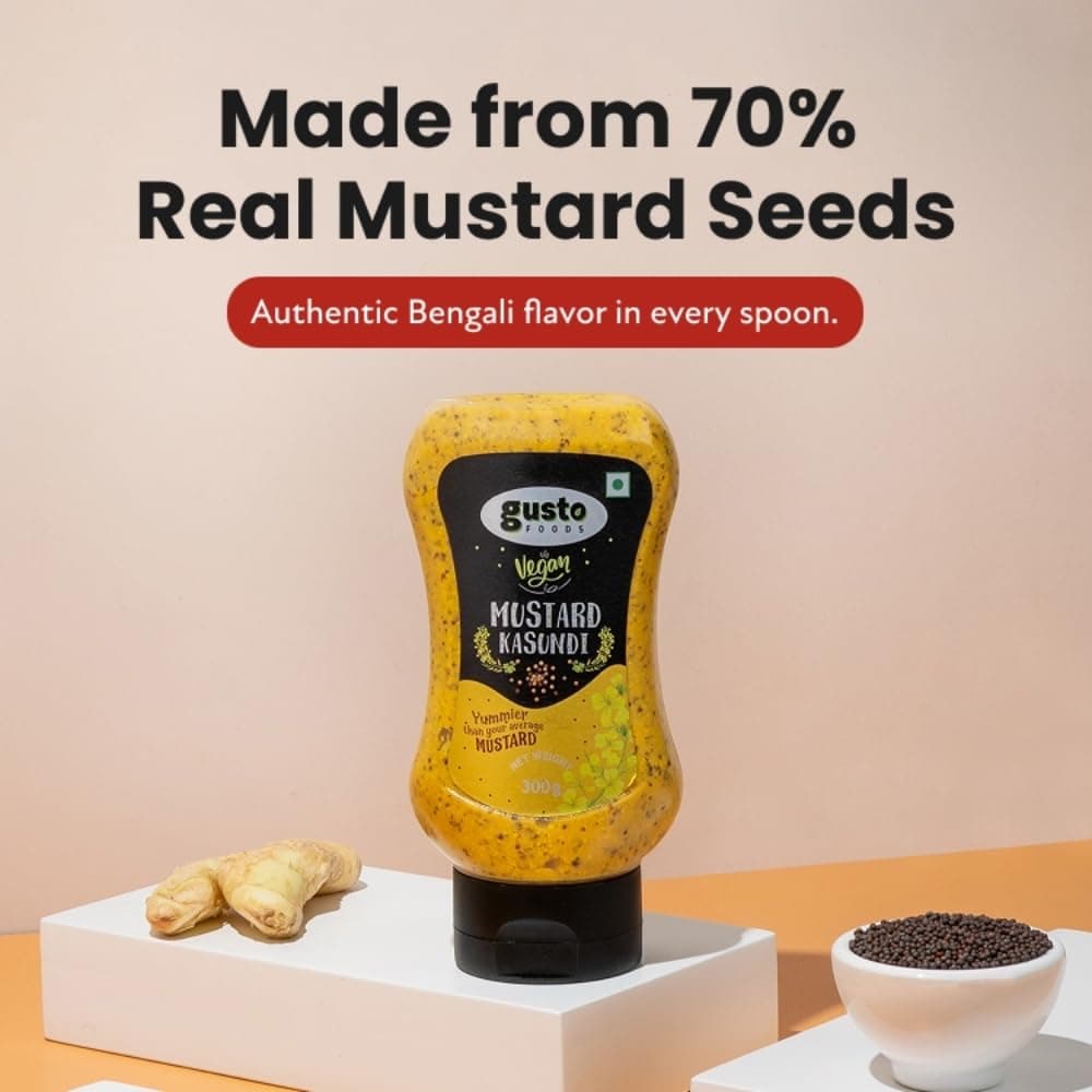 Gusto Foods Kasundi Mustard Sauce 300gram | Authentic Pungent for Salad Dressings | Traditional Kasundi Mustard Sauce Bengali | Ready-to-use | Plant-based & Vegan | No chopping, grinding | No extra prep needed — image 3