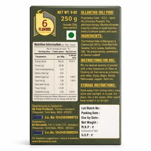 6Flavors Ullundhu Podi Powder 250g | Black Gram Podi Powder | South Indian Chutney Powder for Idli, Dosa & Rice | Protein Rich Traditional Podi Masala | No Onion No Garlic No Preservatives — image 2
