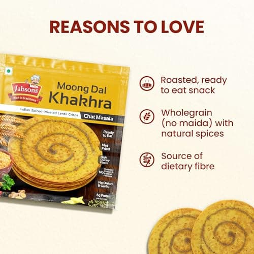 Jabsons Moong Dal Chat Masala Roasted Khakhra - 180gm | High-Protein & Fiber Rich Healthy Snack | Guilt Free Snacking | No Palm Oil | Ready to eat Snack — image 5
