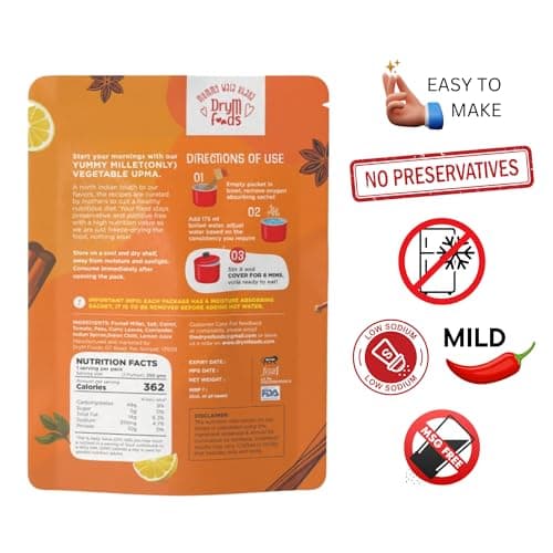 DryM Foods Instant Foxtail Millet Upma Combo of 2 - Mild & Easy to Make, No Preservatives, Low Sodium, MSG-Free, Freeze Dried, High Nutrition, Ready in Minutes, Vegetarian Breakfast - 100g x 2. — image 4