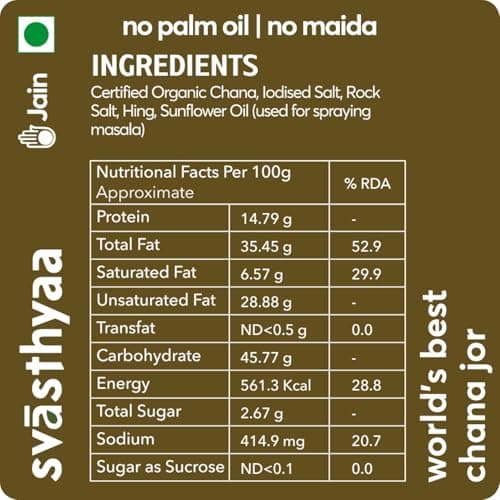 Svasthyaa Roasted Chana Jor Garam Healthy Snack for Kids & Adults | Crispy Channa Namkeen, High Protein, Gluten Free | Vegan Jain Snack with Sea Salt & Hing | No Palm Oil, No Added Sugar 220g - Pack of 3 — image 2