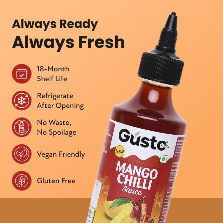 Gusto Foods Mango Chilli Sauce 480gm (Pack of 2) | Sweet and Sour Mango Sauce | Aam Chutney | Khatta Meetha Pickled | Blend of Ripe Mangoes & Red Chillies | Salad Dressing, Dipping Sauce & Seasoning — image 6