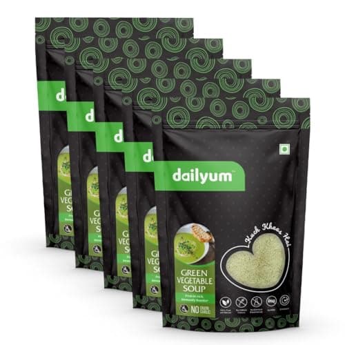 Dailyum Premium Instant Green Vegetable Soup | Pack of 5 |No Onion No Garlic | Ready To Eat Instant Soup | 100% Natural | No MSG | Gluten-free | Serves 4 * 5| 50g Each | Jain