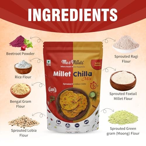 ME & MILLETS Sprouted Ragi Chilla & Foxtail Millet Chilla Mix Combo (150gX2) - Chatpata & Indian Masala, No Preservatives, Natural Healthy Protein & Fiber-Rich Breakfast For Family (Jain Friendly) — image 4