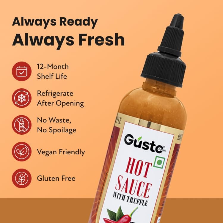 Gusto Foods Truffle Hot Sauce - 120 grams | Spicy Hot Pepper Blend Infused with Luxurious Truffle Flavor | Vegan & Gluten-Free | Elevate Your Dishes with Gourmet Flavor — image 7