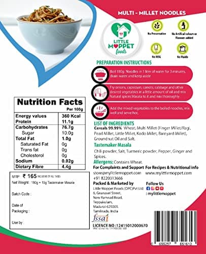 Little Moppet Foods Multimillet Noodles | No Maida, MSG, Preservative, Additives, Refined Oil | Sun Dried | Made with 5 Millet Supergrains |Vegetarian| Includes Tastemaker | Quantity - 195g — image 2