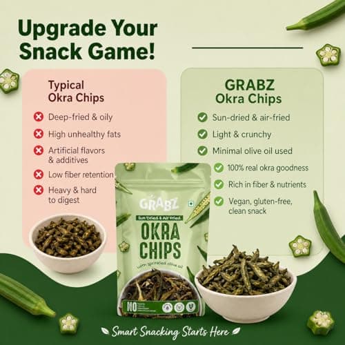 GRABZ Crispy Jain Bhindi Okra Chips without Onion ,Garlic | Air-Cooked, Solar-Dehydrated |No Palm Oil | No Maida | Zero Cholestrol, Gluten Free Vegan Snacks| Low Cholesterol | High Fiber |Olive Oil & Spicy Masala Flavor | 20g Each (Pack of 3) — image 6
