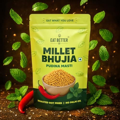 Eat Better Co - Millet Bhujia Pudina Masti Chatpata, Healthy Namkeen Snacks – Roasted, Not Fried | No Palm Oil | Healthy Replacement of Chips and Fried Namkeens (100 gram pack)