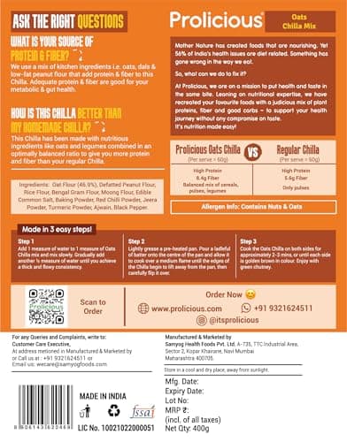 "Prolicious Oats Chilla Mix | Upgrade Your Breakfast | 15g Protein + 6g Fibre Per Serving | High Protein & Fibre Instant Breakfast, Ready in 3 Min | Tasty & Healthy Masala Breakfast | Oats, Moong & Peanut Flour | For the Whole Family | 400g — image 8