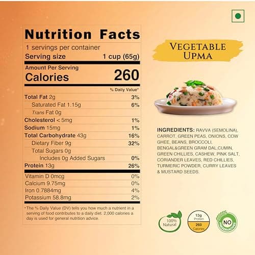 Instabites Ready to Eat Vegetable Upma Cup 65g, No Added Preservatives and Ready to Eat in Minutes - Pack of 1 — image 2