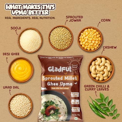 Gladful Sprouted Millet Instant Ghee Upma Mix - No Palm Oil, Trans Fat & Maida - Made with Jawar, Ragi and Suji/Rawa, Ghee & Cashew - Multigrain Protein Breakfast Healthy Snack - Pack of 6 (60g each) — image 5
