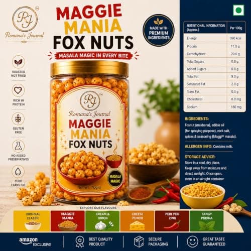 Romana's Journal Roasted Makhana (Fox Nuts) Snack | Crunchy & Flavorful Roasted Lotus Seeds | Multiple Flavor Options Available | Light Everyday Snacking Choice | Tea Time, Travel & Office Snack | Carefully Roasted (Maggie Mania) — image 7