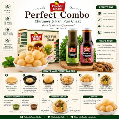 Chokhi Dhani Pani Puri Chaat Kit with Mint & Coriander Chutney (210g) & Tamarind Chutney (250g) | Crispy Flat Puris, Pudina Pani & Imli Chutney | No Onion No Garlic — image 3