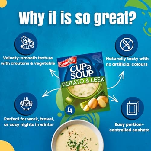 Batchelors Cup A Soup Creamy Potato & Leek Instant Soup Sachets, 107g (4 Pack) | Just Add Hot Water | Low Fat Vegetarian Mix | No Artificial Preservatives — image 7