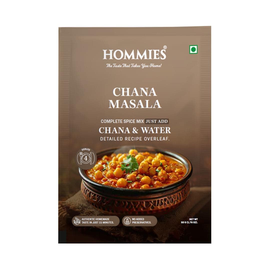 Hommies Chana Masala Spice Mix | Ready to Cook in 15 Mins | Authentic Chhole Curry Masala | Just Add Chickpeas & Water | Serves 4 | Made with Cashew Nuts | No Preservatives | Pack of 4 (200g, 50g Each) — image 2
