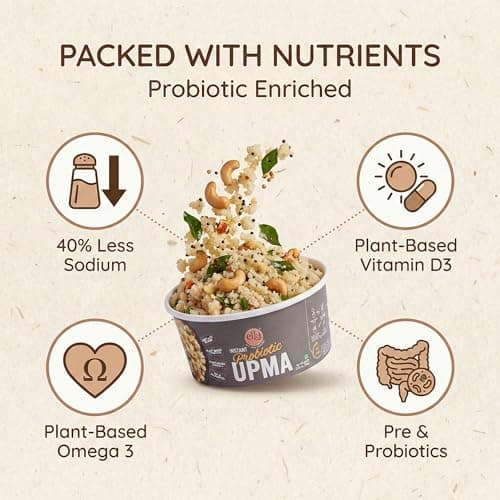 Ella Foods Instant Probiotic Ready To Eat Upma | Low Sodium Instant Food - Packed With Vitamin D3 & Omega 3 | Ready To Eat Food For Travel | Perfect For Heart & Gut Health -65g Servings (Pack of 2) — image 5