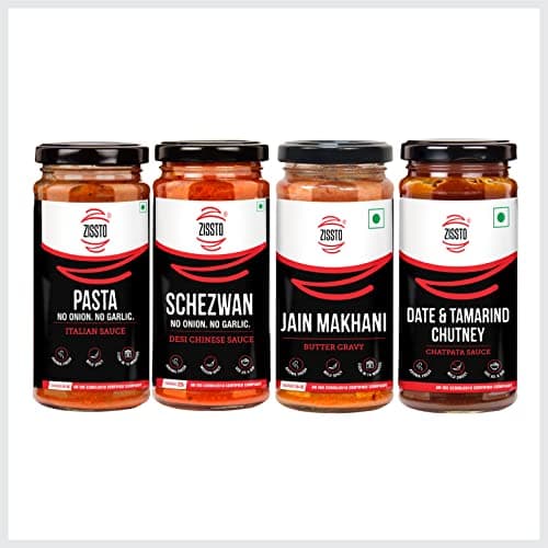 Zissto Jain Pasta Italian Sauce, Jain Schezwan Desi Chinese Sauce, Jain Makhani Butter Cooking Gravy, Date and Tamarind Sauce| No Onion No Garlic | Ready to Cook | Combo Pack of 4-250gm Each Bottle