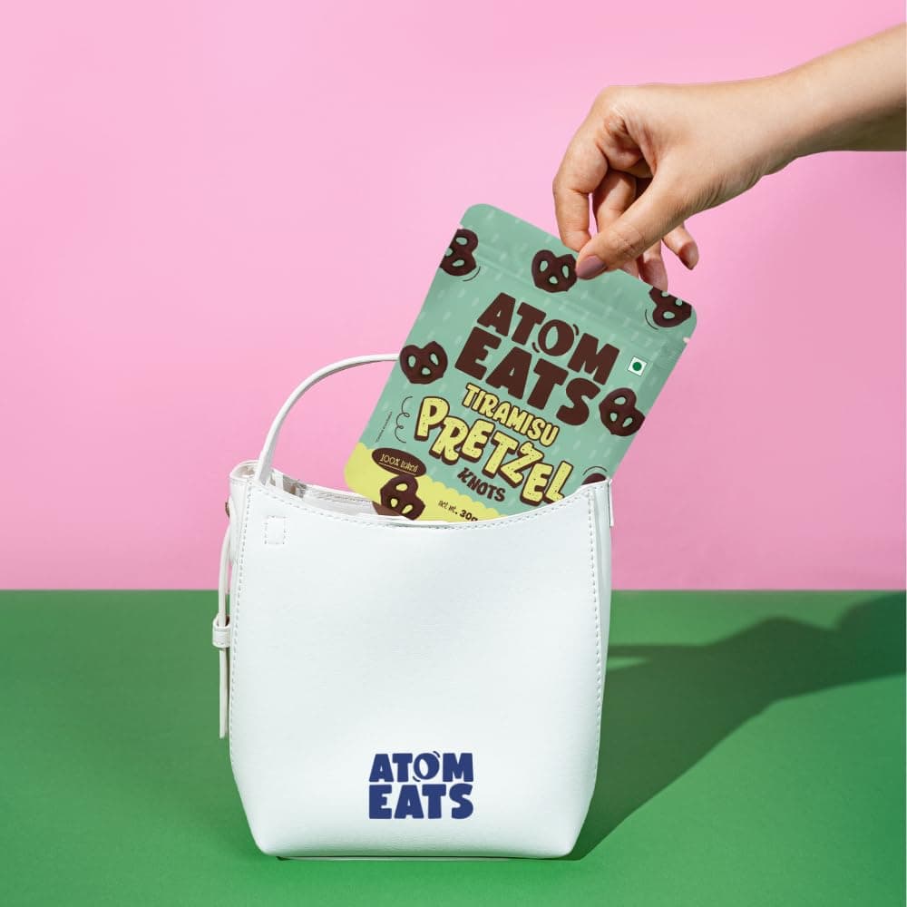 Atom Eats | Tiramisu Pretzels 30g | Pack of 1 | Coffee & Cocoa Coated Dipped Pretzel Knots | Rich Choco - Perfect Gourmet Snack for Sharing, Parties - Imported Chocolates, Versatile Delight | 100% Baked | Preservative Free — image 4