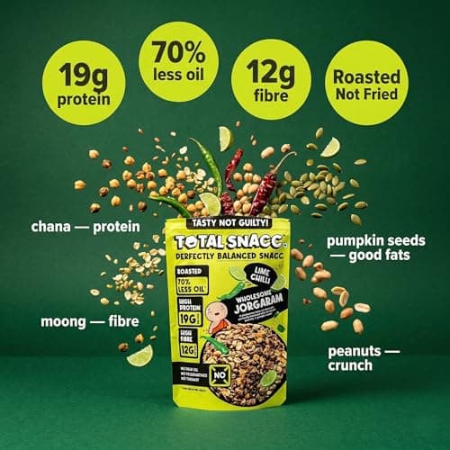 TOTAL SNACC Wholesome Jorgaram Lime Chilli (125g x 2) | High Protein 19g | High Fibre 12g | Roasted Not Fried | 70% Less Oil | No Palm Oil | High Protein Snacks | Baked Namkeen Mix | Healthy Snacks | No Preservatives | Diabetic Friendly | a mix of chana jor, moong jor, peanuts, & pumpkin seeds — image 2