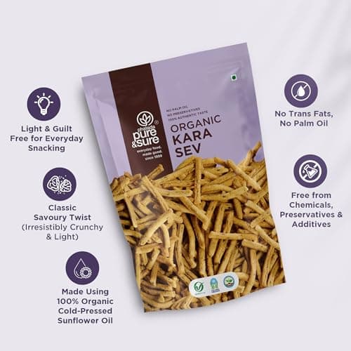 Pure & Sure Organic Kara Sev 100gm (Pack of 1) | Delicious Crunchy Namkeen & Snacks | Ready to Eat Tea Time Snacks, Cholesterol Free, No Trans Fats, No Preservatives — image 3