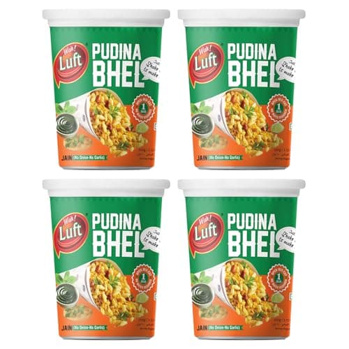 Wah!Luft Instant&Delicious Phudina Jain Bhel Puri Cup,100%Vegetarian,Masala,Crispy&Crunchy,Everyday Fresh,Healthy&Hygienic,Delicious Chaat Special Combo Pack-100G(Pack Of 4)