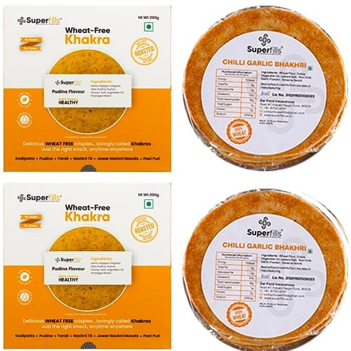 Superfills Combo Wheat-Free (Gluten Free) Pudina Khakhra | Chili Garlic Bhakhri Diet, Weight Loss, High Protein & Fiber - | Roasted Gujarati Snacks No Garlic & No Onion Chai Time (Pack of 2, 400g) — image 2