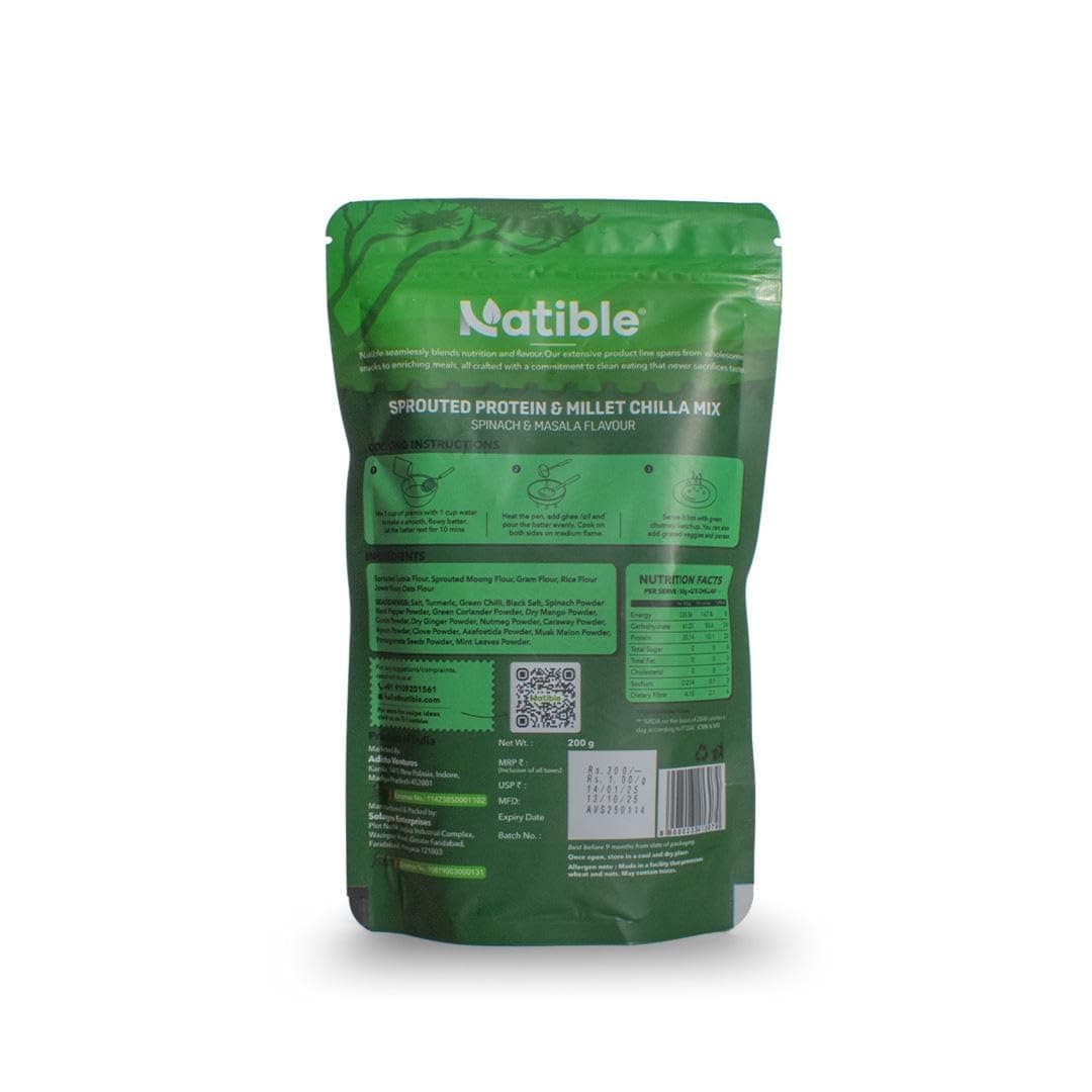 Natible Sprouted Protein & Millet Chilla Dosa Mix (Spinach Masala) Instant Breakfast Meal I Gluten Free I High Protein I No Onion No Garlic I Suitable for Kids & Adults I Travel Friendly 200g — image 3