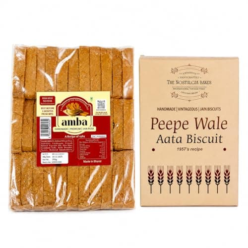 Amba Handmade Jain Khas-Khas Suji Rusk & Peepe Wale Aata Biscuit Combo Pack | Crispy Tea Time Snacks | Made With Desi Ghee | Traditional Bakery Style Biscuits | Premium Vegetarian Snacks