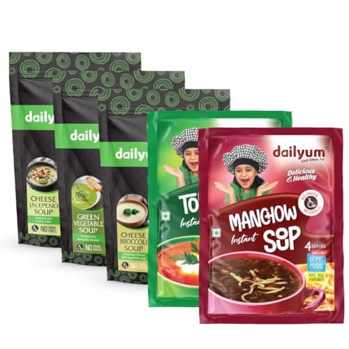 Dailyum Instant Soup Combo of 5 | No Onion No Garlic | Manchow Soup 50g | Tomato Soup 50g | Green Veg. Soup 50g | Cheese Broccoli 50g | Cheese Jalapeno 50g| Jain