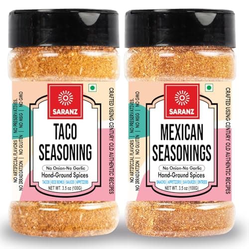 SARANZ Jain Mexican Seasoning Combo Pack | Jain Taco Mix and Mexican Mix | No Onion No Garlic | For Tacos, Burritos, Wraps, Nachos and Rice Bowls | Vegan, Gluten-Free, Dairy-Free | Set of 2 x 100g Jars