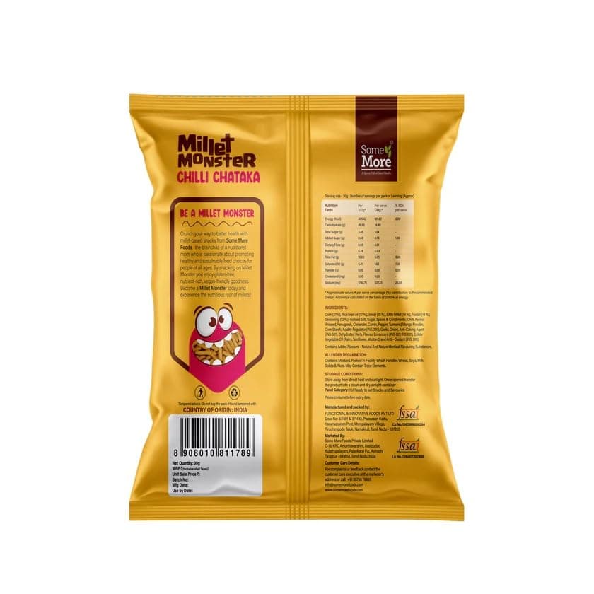 SOME MORE Millet Monster Chilli Chataka 30g | Crispy Chilli Flavoured Millet Bites | Spiced Crunch Cubes | Roasted Grain Pieces | Easy Bite Format | Savoury Mix | Travel Pack & Gifting Use — image 3
