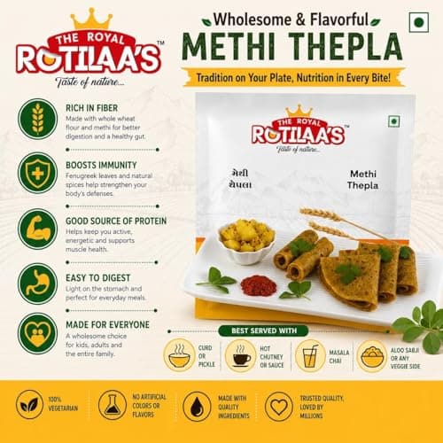 THE ROYAL ROTILAA'S Methi Thepla 100g (Pack of 3) | Ready-to-Eat Gujarati Snack | Vacuum Packed | Soft & Fresh Handmade Thepla | Includes Pickle | Pure Veg Travel & Tiffin Food | 4 Pieces per Pack — image 2