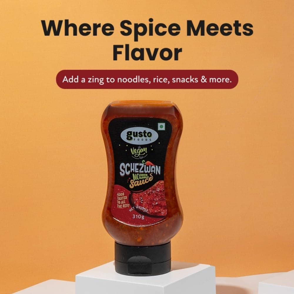 Gusto Foods No Garlic No Onion Schezwan Sauce 310 gm | Jain schezwan sauce no onion no garlic | Ready To Use | Made with fresh Ingredients | Hot Spicy Chilli Dip Schezwan | For fried rice, noodles, stir-fried vegetables, wraps, sandwiches — image 3