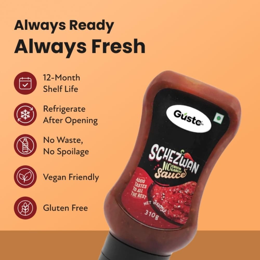 Gusto Foods No Garlic No Onion Schezwan Sauce 310 gm | Jain schezwan sauce no onion no garlic | Ready To Use | Made with fresh Ingredients | Hot Spicy Chilli Dip Schezwan | For fried rice, noodles, stir-fried vegetables, wraps, sandwiches — image 7