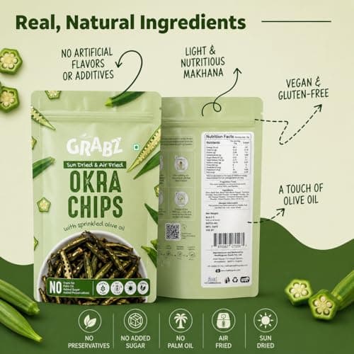 GRABZ Crispy Jain Bhindi Okra Chips without Onion ,Garlic | Air-Cooked, Solar-Dehydrated |No Palm Oil | No Maida | Zero Cholestrol, Gluten Free Vegan Snacks| Low Cholesterol | High Fiber |Olive Oil & Spicy Masala Flavor | 20g Each (Pack of 3) — image 5