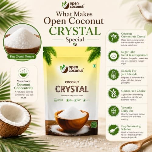Open Coconut CRYSTAL 100g x 1 Pack - Jain Friendly | Natural Sugar Sweetener Substitute | Low Glycemic Index | Gluten, Sugar, Preservative Guilt Free | Perfect for Cake, Baking, Hot Chocolate, Milkshakes & More — image 7
