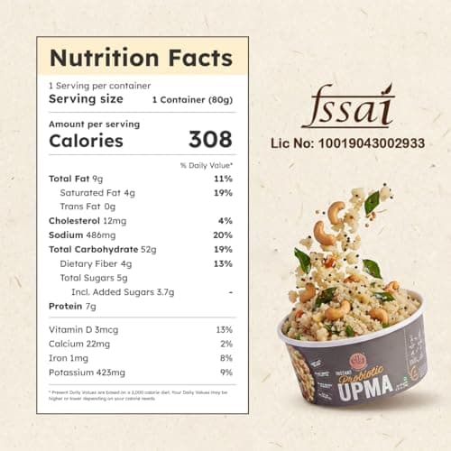 Ella Foods Instant Probiotic Ready To Eat Upma | Low Sodium Instant Food - Packed With Vitamin D3 & Omega 3 | Ready To Eat Food For Travel | Perfect For Heart & Gut Health -65g Servings (Pack of 2) — image 2