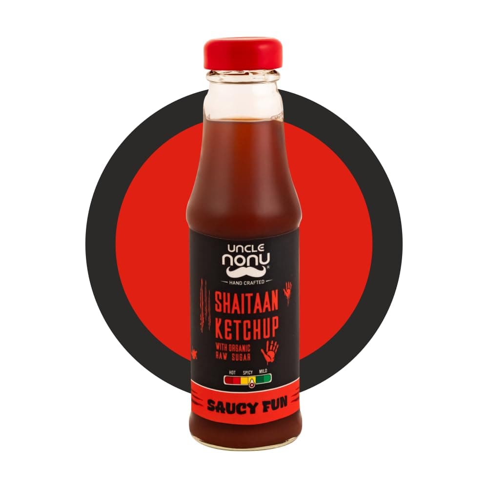 Uncle Nonu Healthy Tomato Ketchup -Shaitaan-Spicy | No Processed Sugar (uses Organic Raw Sugar) | 100% Chemical Free | No Preservatives | No MSG | All Natural Ingredients | 200gm