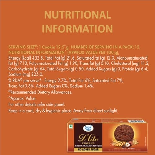 Sugar Free D'lite Mocha Hazelnut Flavour Cookies | Zero Added Sugar | Made With Oats & Quinoa, 75 Gram — image 6