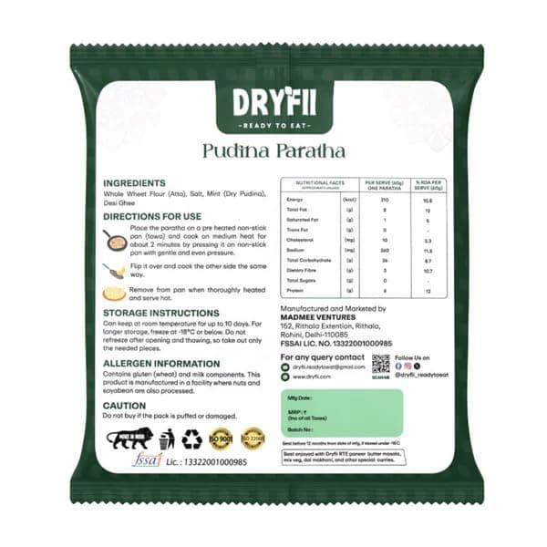 Dryfii Ready to Eat Pudina Paratha (5 Pieces, 1 Pack) & Jain Palak Paneer Combo | Freeze Dried | Refreshing Flavor | No Onion No Garlic — image 3