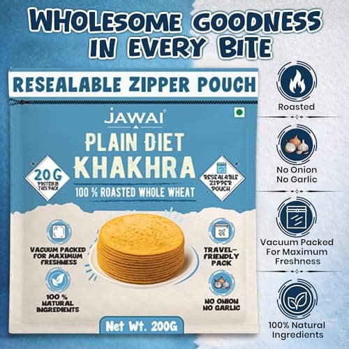 JAWAI ROASTED WHOLE WHEAT KHAKRA COMBO- Plain Diet Khakhra, No Onion - No garlic, Plant Based Roasted Snacks, Healthy Snacks, Vaccum Packed Indian Snack (Plain Diet Flavour),200 G — image 3