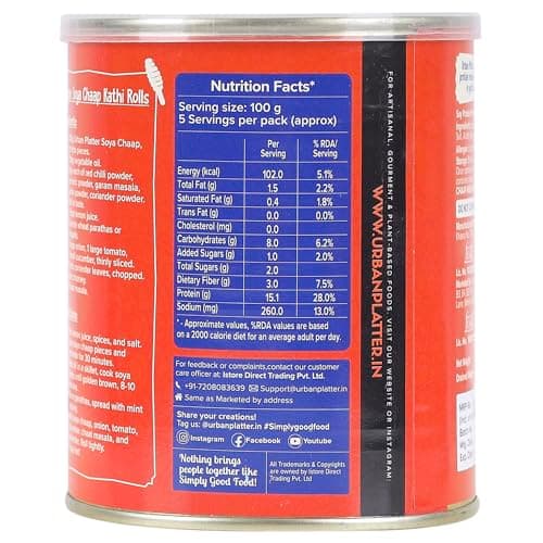 Urban Platter Soya Chaap in Brine, 800g (Canned | Chunks on Stick | Drained Weight - 500g, Rich in Plant Protein| Soy Chap) — image 2