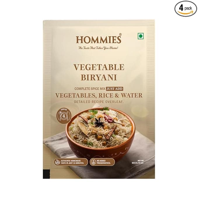 Hommies Vegetable Biryani Masala Spice Mix | Ready to Cook in 15 mins | Just Add Rice and Water | Serves 4 | Fragrant and Spicy Rice | No Preservatives | 50 gm each (Pack of 4)