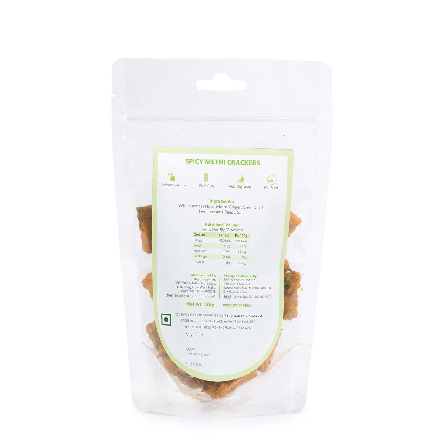 SelfCare By Suman Agarwal Spicy Methi Crackers Pack of 1 125g | Bakes - Healthy - Vegan | Snacks - Namkeen - Grocery | Spicy Crunchy & Chatpata - Tea time Snacking | Jain Travel & Diabetes Friendly — image 8