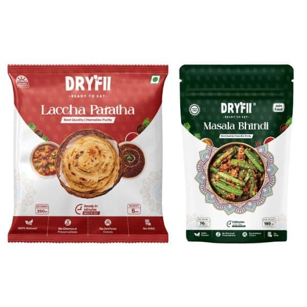 Dryfii Ready to Eat Laccha Paratha (5 Pieces, 1 Pack) & Jain Masala Bhindi Combo | Freeze Dried | Home Cooked Style Meal | Pure Veg