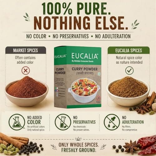 EUCALIA Satvik (No Onion - No Garlic) Curry Powder (Sabji Masala) Pack of 4 (50g) | Bold & Aromatic Spice Blend | Rich Colour | No Added Colours or Preservatives | Perfect for Vegetarian Dishes & Everyday Cooking | Sattvik No Onion No Garlic (NONG) | Total 200g — image 4