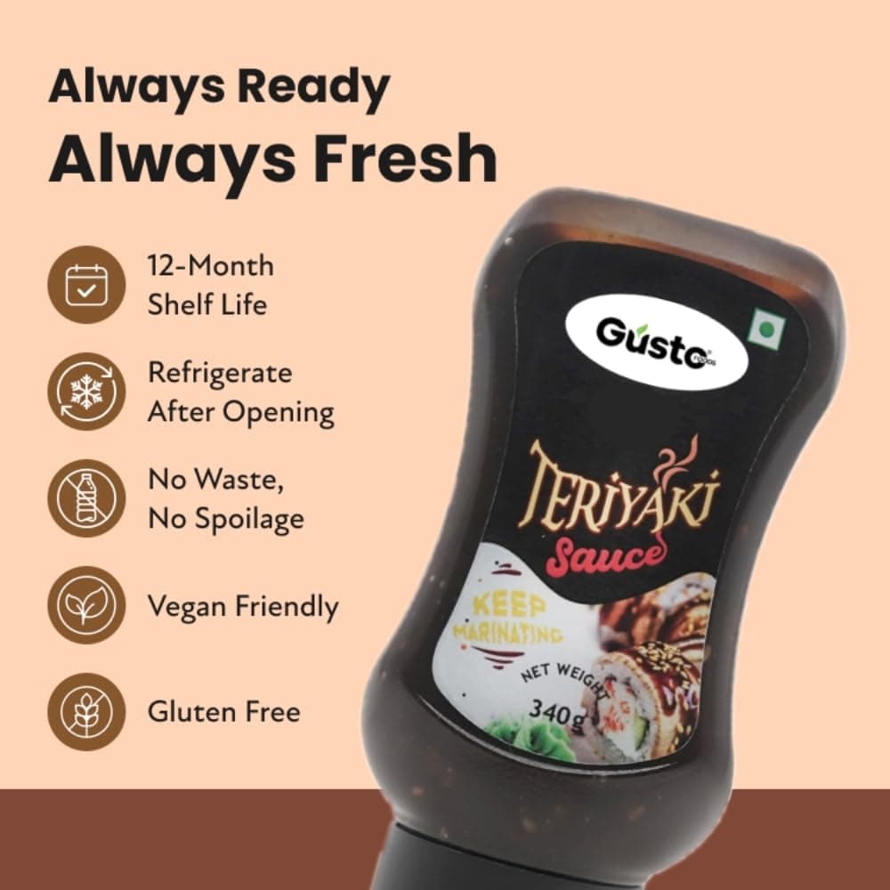 Gusto Foods Teriyaki Sauce (340g), Premium Japanese Style Teriyaki Sauce, Perfect for Marination, Stir Fry, Glazing, Balanced Vegan Sweet & Sour Zingy Dipping Sauce with Umami and Sesame Flavors — image 7