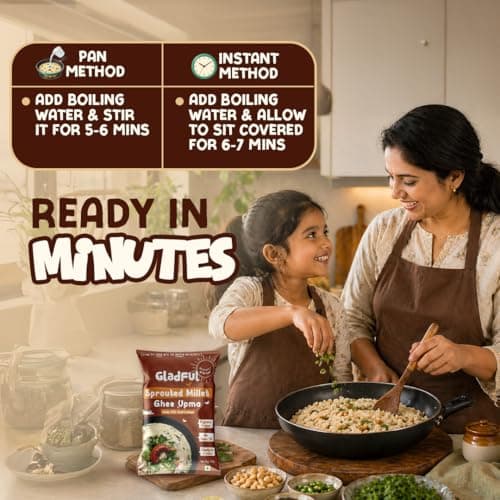 Gladful Sprouted Millet Instant Ghee Upma Mix - No Palm Oil, Trans Fat & Maida - Made with Jawar, Ragi and Suji/Rawa, Ghee & Cashew - Multigrain Protein Breakfast Healthy Snack - Pack of 6 (60g each) — image 7
